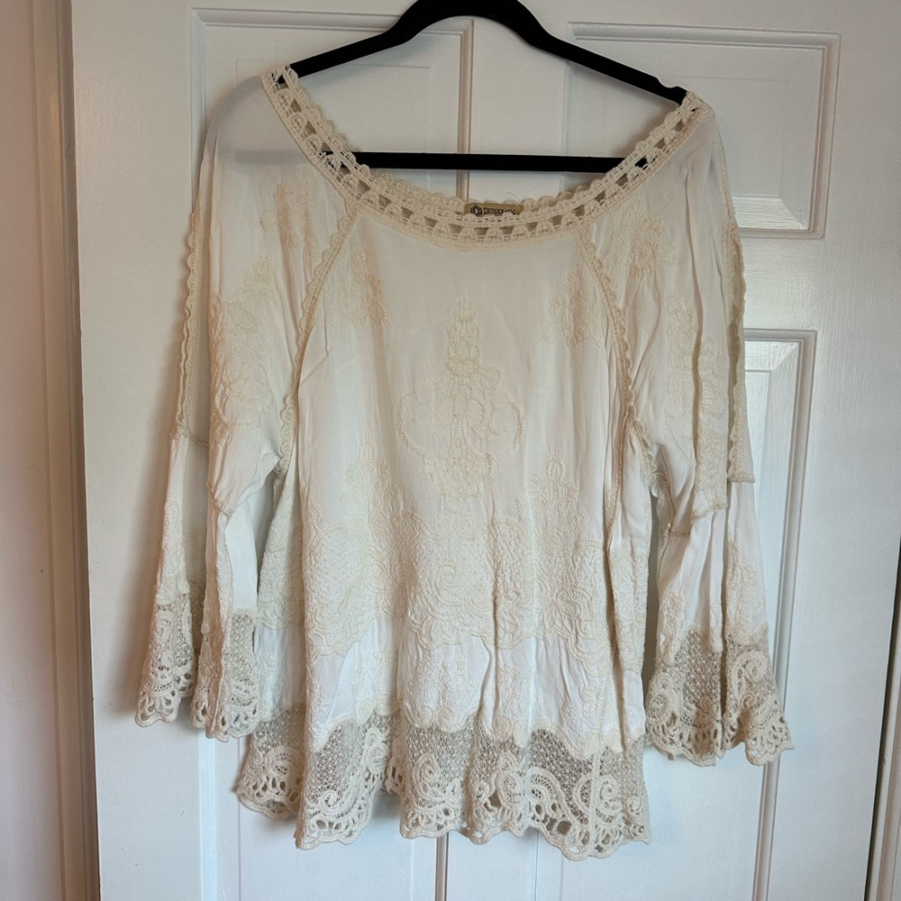 Democracy Cream Crochet-Trim Boho Top with Embroidered Front